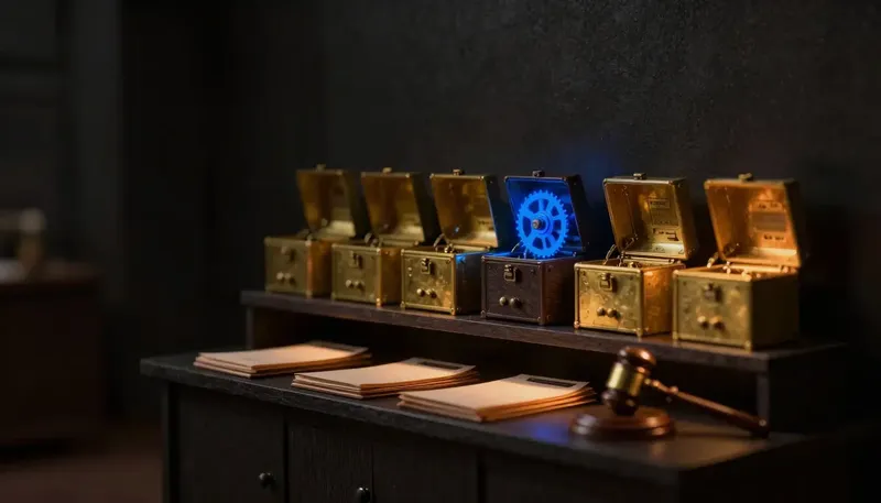 Miniature night diorama: six brass case-management machines shelved above a gavel and folders, one opened with a cobalt flywheel.