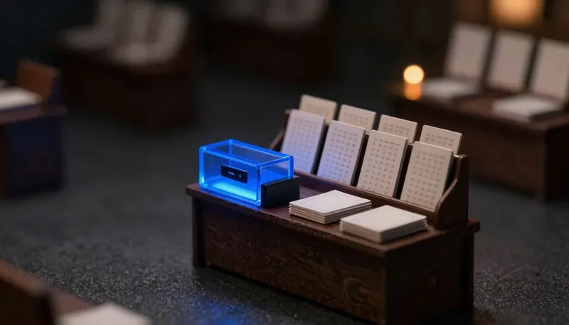A miniature grading gate in glowing blue acrylic sorts answer cards into pass and fail chutes, with a stack of blank test cards waiting nearby, showing that building the test set is the real work in LLM evaluation.