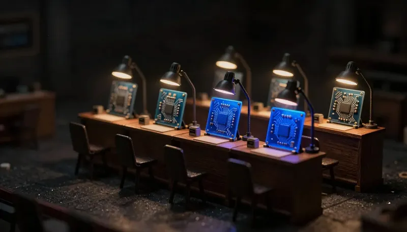 A miniature judging bench inspects several circuit-board panels under lamps, with one panel's traces in glowing blue acrylic, showing that a coding model ranks differently once tested against a real codebase.