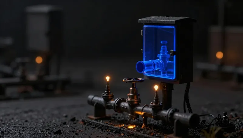 A miniature pipe junction box routes one feeder line into several valves in glowing blue acrylic, with one outlet still capped, showing what an LLM gateway is for and when a single pipe is still enough.