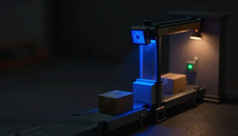 A miniature scanning gantry in glowing blue acrylic traces a parcel's path along a conveyor, with a plain uptime lamp on the wall behind it, showing the difference between knowing a service is up and knowing an answer was right.