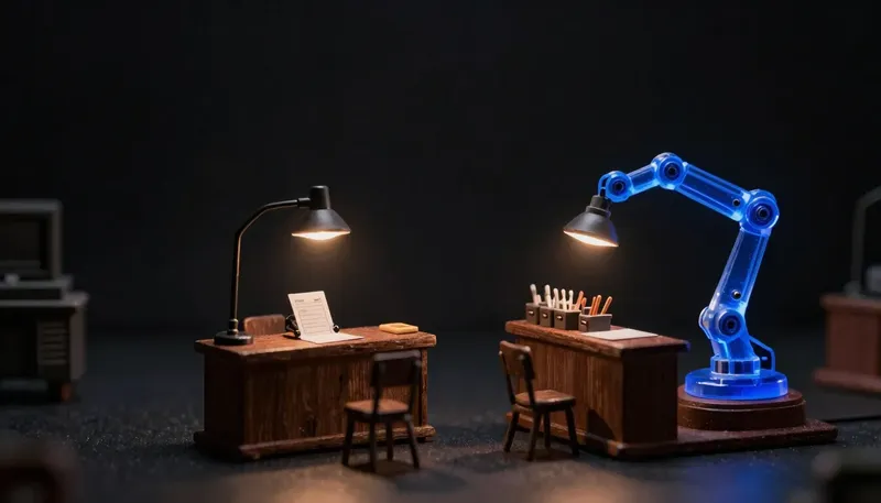 A miniature judging bench compares a single graded answer card against an articulated arm reaching for tool stations in glowing blue acrylic, showing that agent skill and coding skill are ranked on different benches.
