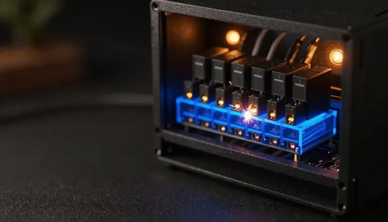 A miniature rack of plug-in modules feeds a server housing in glowing blue acrylic, with one plug shown loose and sparking, showing that MCP servers get ranked by what breaks in production, not by popularity.