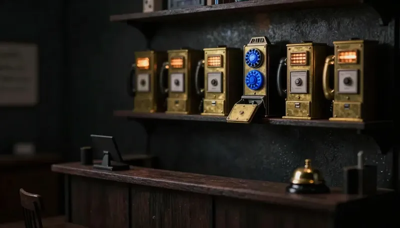 Miniature night diorama: five brass exchange housings shelved above a clinic counter, one opened with a cobalt switch.