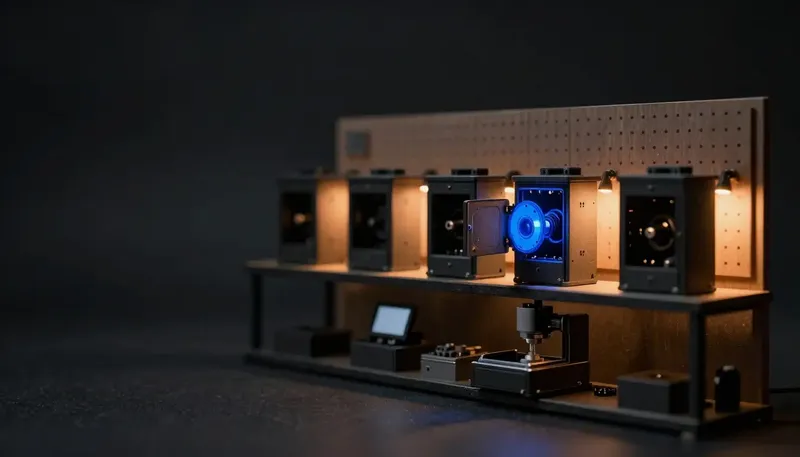 Miniature night diorama: five machine housings racked above a CNC mill and traveler board, one opened with a cobalt cam.