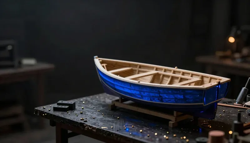 An unfinished boat hull sits on a workbench stand with a glowing blue keel plank, representing a minimum viable product built by a development company.