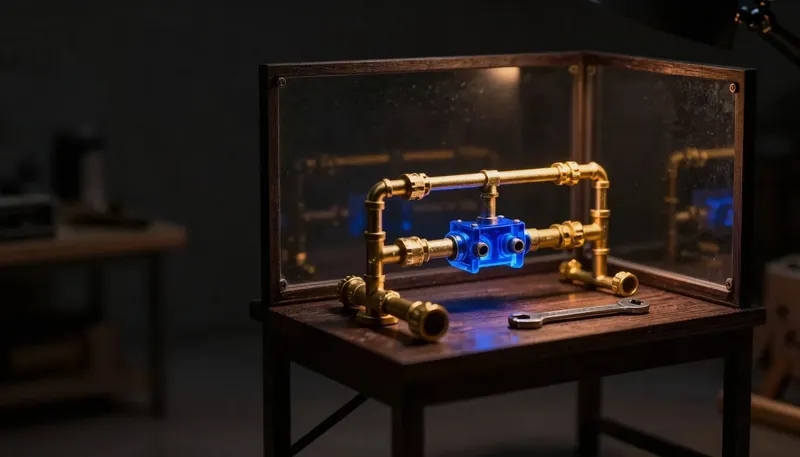 A miniature modular pipe-rack under assembly has its central coupling block in glowing blue acrylic, with a loose pipe and wrench on the bench, showing the hands-on work of a real n8n specialist versus a reseller.