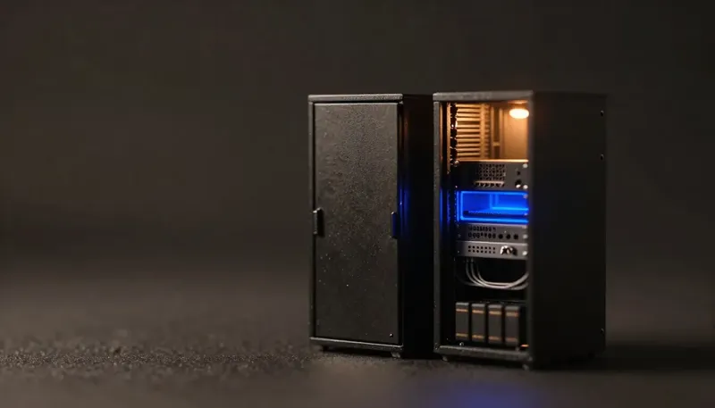 A miniature sealed hosting cabinet stands beside an open-frame server rack in glowing blue acrylic with visible cooling and backup batteries, showing the gap between the easy hosting option and a production-grade one.