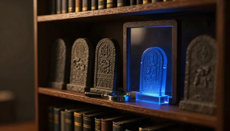 A miniature shelf of stamped stone tablets with license seals, one seal cast in glowing blue acrylic, and a loupe left on the bench, showing that picking an open-weight model means reading the license closely.