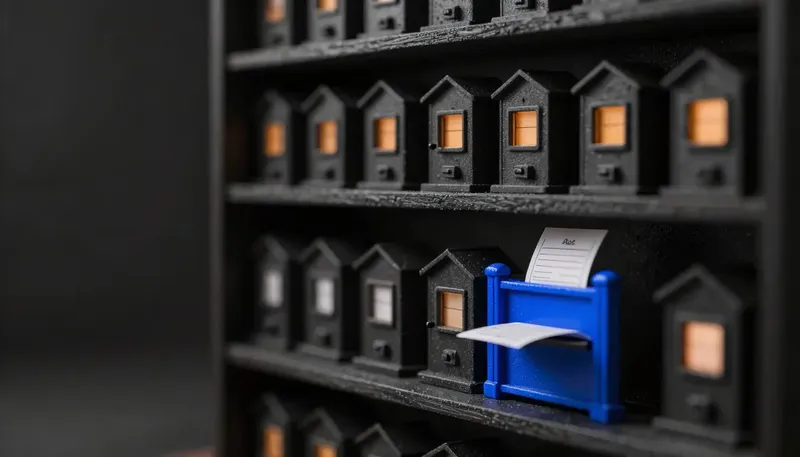 Miniature night diorama: a shelf row of small competing machine housings above a file carousel and blank forms, one open housing threading pages along a cobalt approval gate