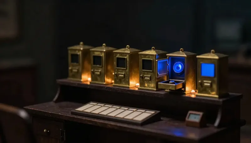 Miniature night diorama: five brass exchange housings above a leasing desk and key board, one opened glowing cobalt.