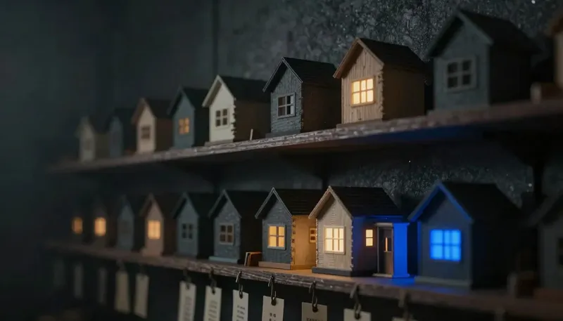 Miniature night diorama: a shelf row of small competing machine housings above a key wall of tags and a lit model house row, one open housing with a cobalt window band