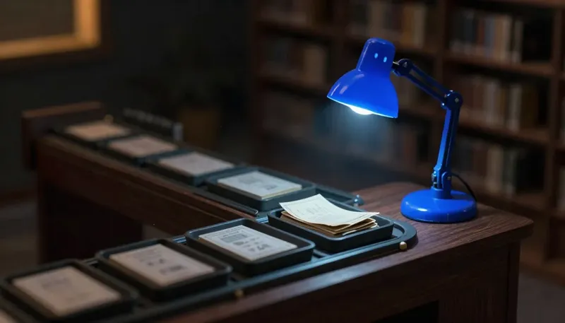 A miniature reading desk in glowing blue acrylic receives a tray of torn, stained pages from the library conveyor instead of clean cards, showing that a RAG company should be judged on its worst documents, not its demo.