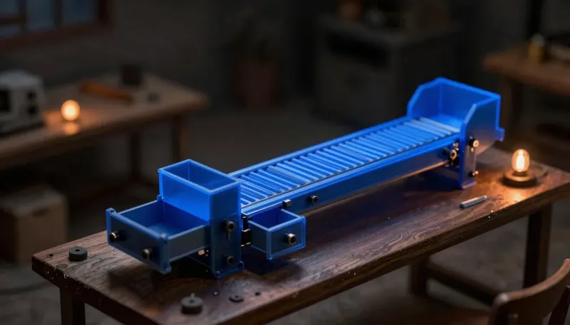 A miniature RAG conveyor frame with its drawer-feed rails in glowing blue acrylic stands ready, but its loading hopper sits empty and disconnected, showing that most failures happen before the framework even runs.
