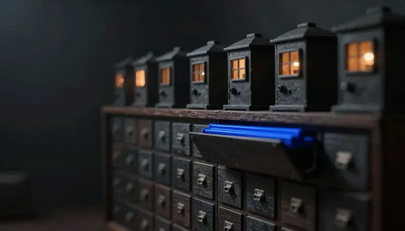 Miniature night diorama: a shelf row of small competing machine housings above a wall of candidate index drawers, one open housing with a cobalt matching rail
