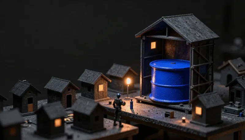 Miniature night diorama: a workbench of small competing machine housings beside a scaffolded miniature hull section, one open housing with a cobalt job-costing drum