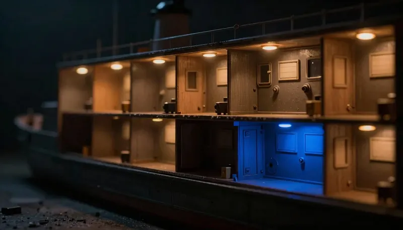 Miniature night diorama: a shelf row of small competing machine housings overlooking a miniature dry-docked ship hull under strings of amber work lights, every cabin and housing empty and unmarked, one open housing casting a smooth cobal...