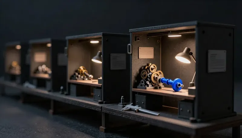 Miniature dark diorama of workshop display cases with brass gear assemblies under lamps, one cobalt-blue crankshaft in a clamp
