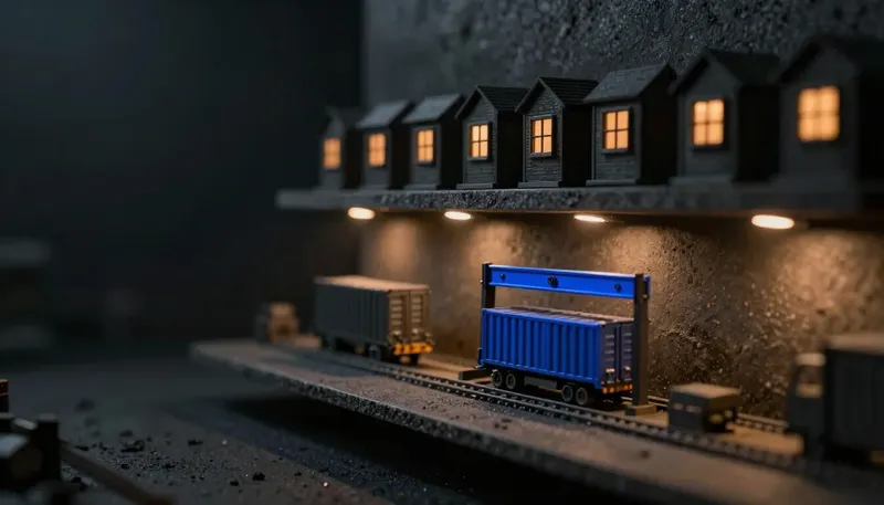 Miniature night diorama: a shelf row of small competing machine housings above a miniature weighbridge and roll-off containers, one open housing with a cobalt scale beam