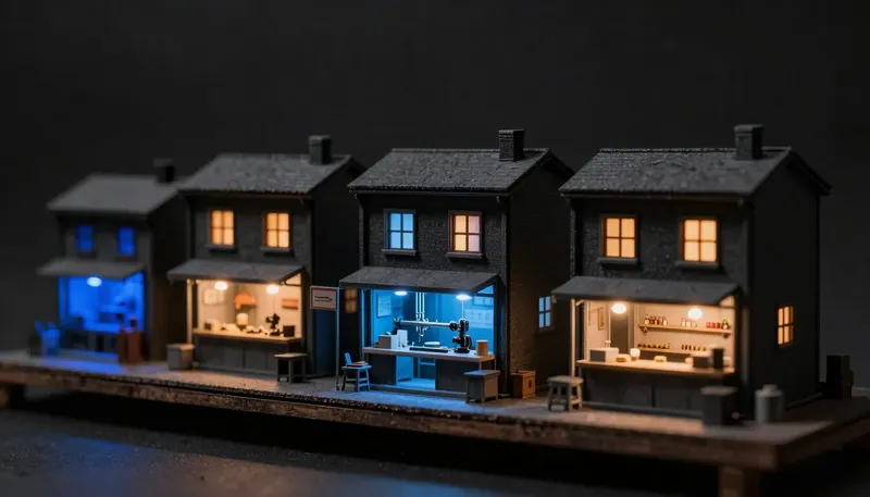 Miniature dark diorama of a row of tiny workshop houses at night, one interior glowing cobalt blue over a workbench