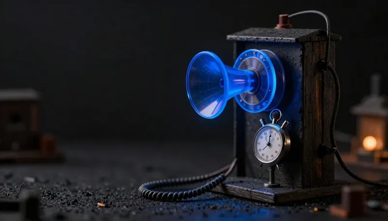 A miniature listening horn in glowing blue acrylic transcribes a crackly phone line onto a spool, with a stopwatch beside it, showing speech-to-text APIs judged on phone audio and lag rather than lab-clean accuracy.