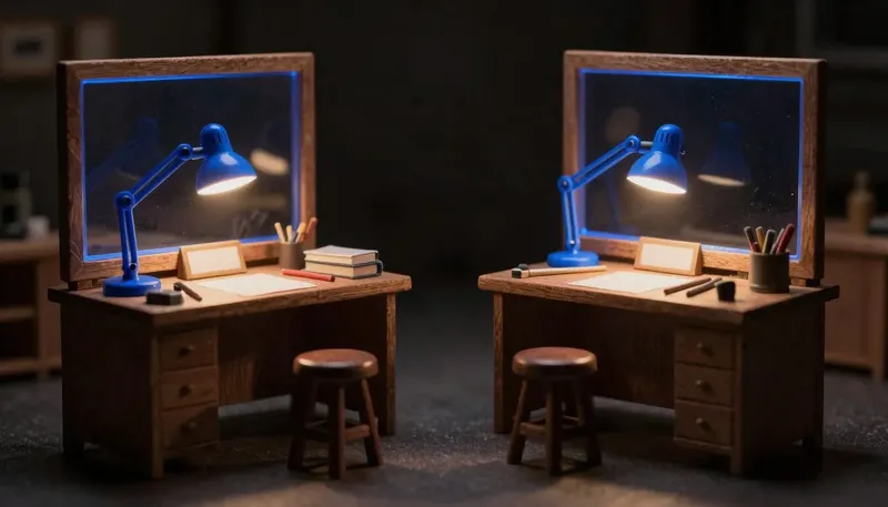 A miniature interview workbench and a working workbench sit side by side, both with tool fixtures in glowing blue acrylic, showing that the engineer you interview should be the one who actually joins.