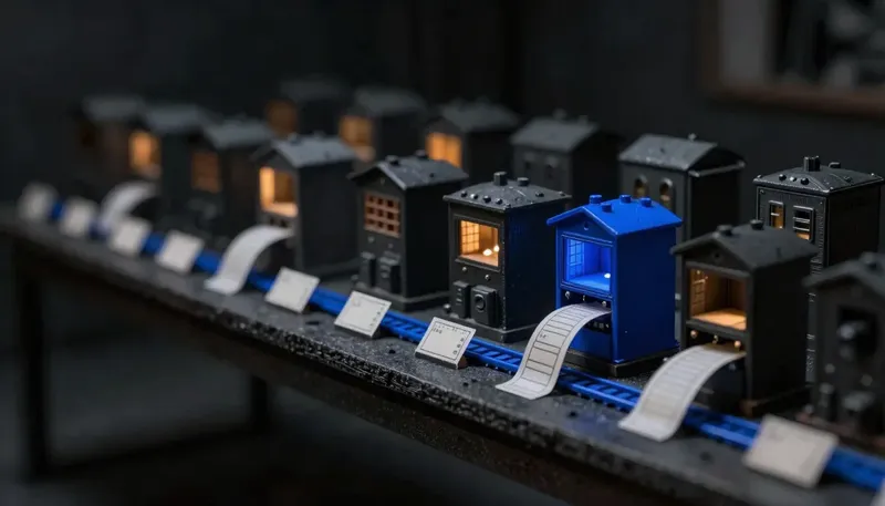 Miniature night diorama: a shelf row of small competing machine housings over a plan table with blank time tickets on a spike, one open housing threading tickets on a cobalt rail