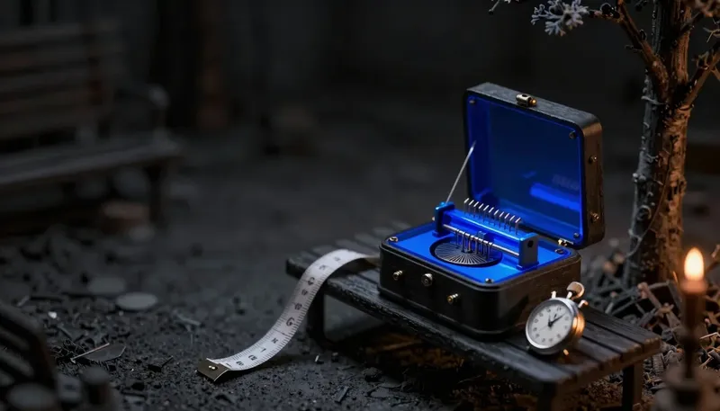 A miniature music-box mechanism in glowing blue acrylic sits beside a stopwatch timing the gap to its first note, showing text-to-speech APIs judged on time-to-first-audio rather than voice quality alone.