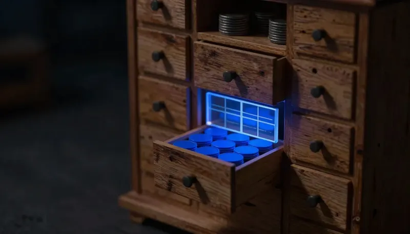 A cabinet drawer of numbered tokens pulls open onto a glowing blue grid, representing vector database search for RAG systems.