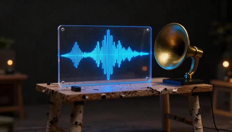 A brass horn speaker sits beside a soundwave panel glowing blue on a workbench, representing voice AI development companies.