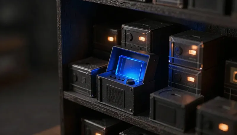 A miniature showroom shelf of sealed voice-terminal crates has one opened box running, its dial in glowing blue acrylic, showing platform choice comes after deciding whether you even need one.