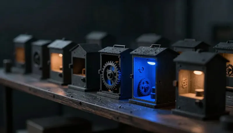 Miniature night diorama: a shelf row of small competing machine housings on a studio light table, one open housing revealing a cobalt gear train that meshes with a second, unbranded case