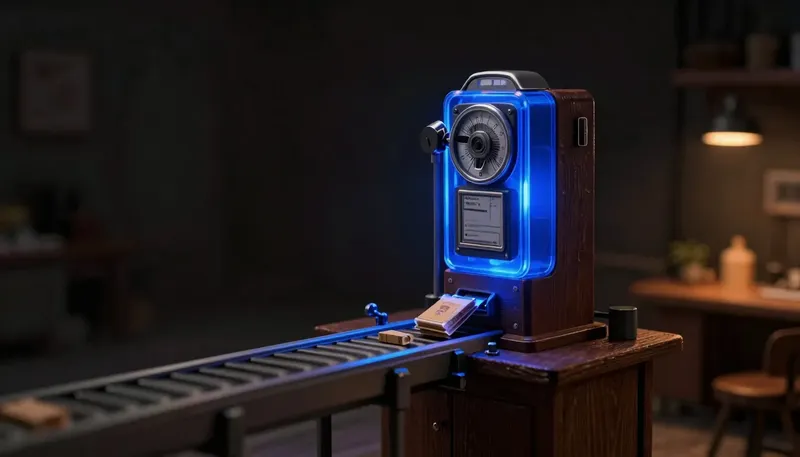A miniature coin-operated toll gate in glowing blue acrylic meters parcels entering a conveyor lane, showing how a workflow automation tool's billing model shapes the real choice more than its features do.