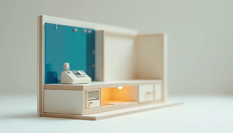 A miniature phone terminal in glowing blue acrylic sits above a sealed archive box with no keyhole, call-log cards jammed inside, showing a voice agent nobody can review is running on faith.