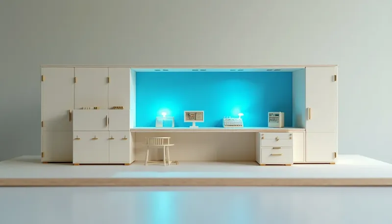 A miniature switchboard has a dozen blank jacks but only one wired and lit in glowing blue acrylic, feeding a single test terminal, showing a voice pilot proving itself on one call type before it widens.