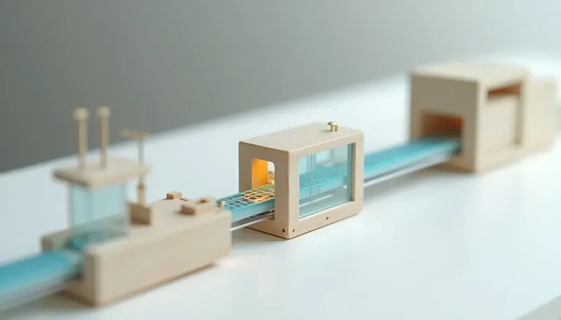 A miniature stamping press feeds panels toward a narrow inspection gate in glowing blue acrylic, with panels backing up on the press side, showing agentic coding output limited by how fast review lets it through.