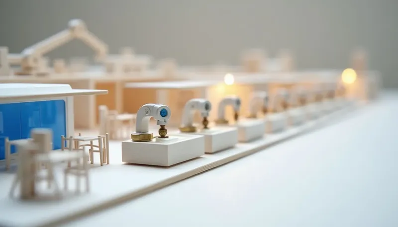 A miniature articulated arm moving station to station along a workbench, its glowing blue joint reaching for the next stamped task, showing trust built one tool call at a time.