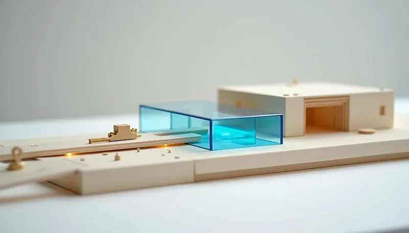 A miniature conveyor lane keeps its plain birch hand-tool stations but has one station replaced by a sealed module in glowing blue acrylic, showing AI added inside an existing workflow rather than replacing it.