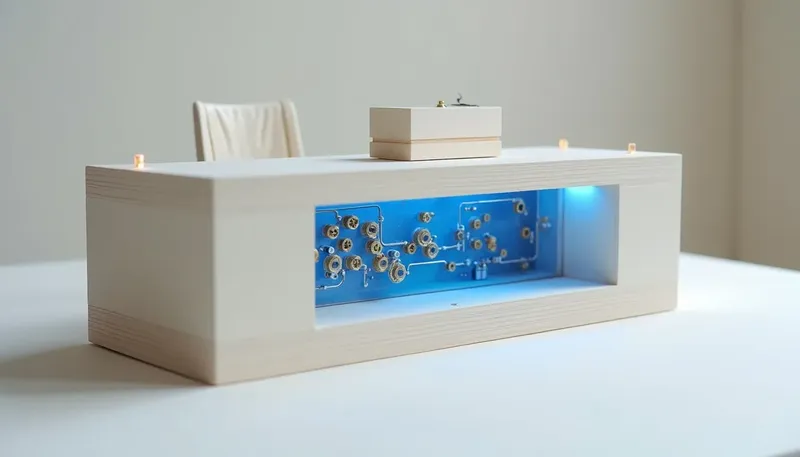 A miniature reception desk opens a panel below its plain voice horn to reveal relays, gears and a calendar drum in glowing blue acrylic, showing an AI receptionist is the machinery underneath, not just the voice.