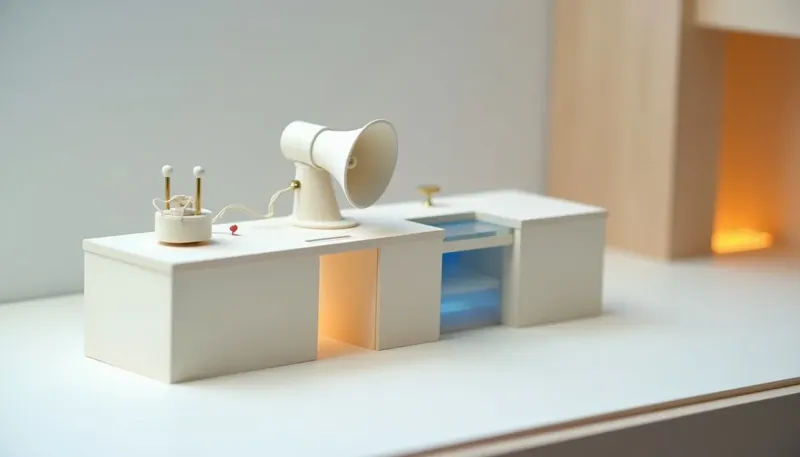 A miniature reception desk has an escalation panel and lever wired in glowing blue acrylic already built, while the speaker horn beside it still sits unmounted, showing the escalation plan comes before the voice.