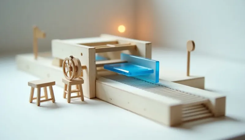 A miniature conveyor lane in glowing blue acrylic has a crude hand-crank bolted where a motor should sit, with a stool pulled up beside it, showing an automation still needing someone to run it by hand.