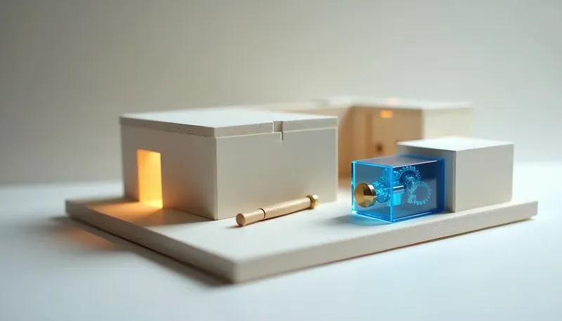 A miniature hearing-room desk has a sealed box beside an open one whose gear train shows through glass in glowing blue acrylic, showing a regulator needs to see how the model decided, not just the answer.