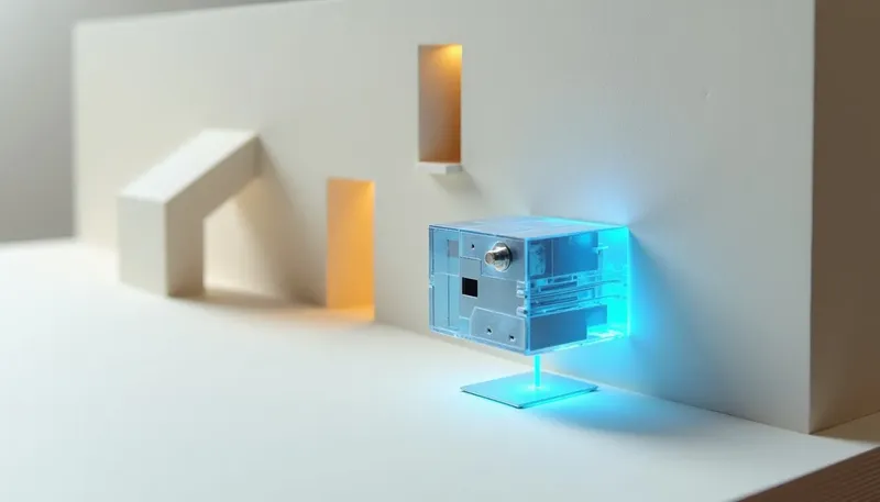 A miniature wall panel compares a plain wired socket with a second socket routed through a gate box in glowing blue acrylic, showing an MCP server adding judgment on top of a bare API connection.