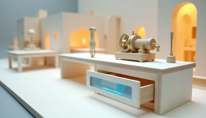 A miniature running machine with a hidden drawer beneath it holding a glowing blue ledger drum, showing the audit trail nobody asks for until they need it.