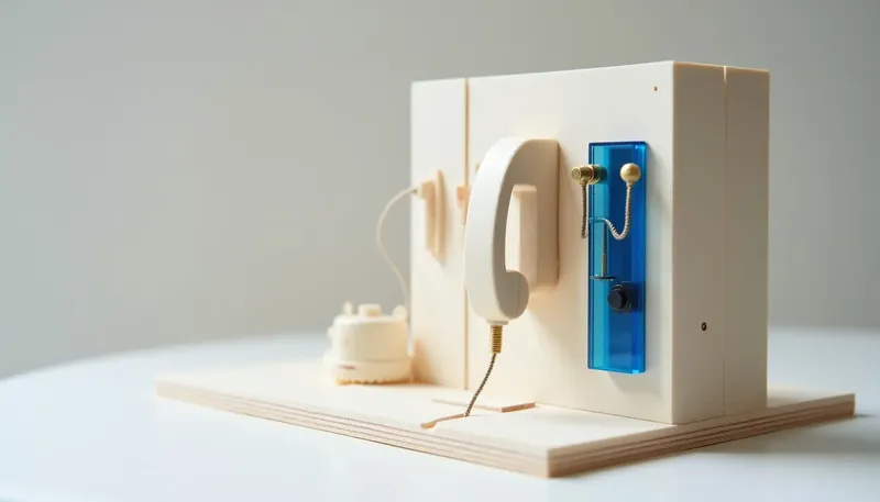 A miniature phone switchboard routes its dialing wheel through a gate with a permission flag in glowing blue acrylic that must rise before the call connects, showing consent designed into the dialing process itself.