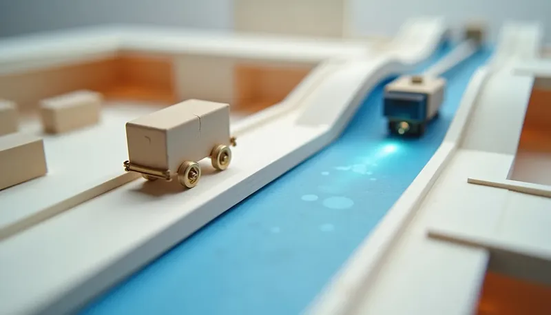 A miniature conveyor lane sits stalled with a parcel frozen mid-belt and dust settling, its drive drum in dimmed glowing blue acrylic, showing an automation that stops without ever raising an alarm.