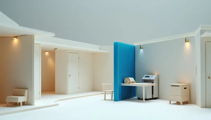 A miniature insurance office with a glowing blue filing carousel beside a plain wooden chute stuffed with paper batch-sheets, showing how old batch files still run the industry.