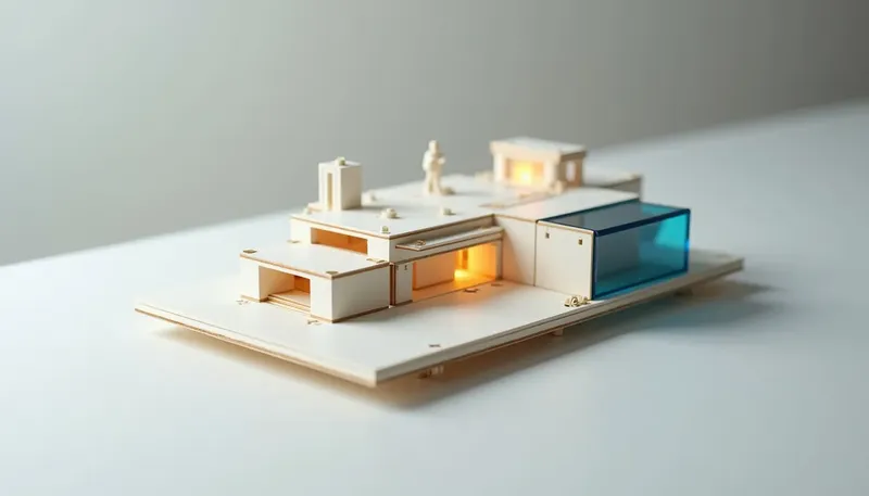 A miniature snap-together building-block platform has most panels loosely clicked in, but one section reinforced underneath with struts in glowing blue acrylic, showing Bubble holding up once it is properly engineered.