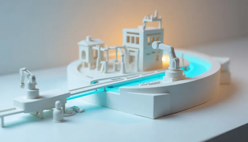 A miniature closed conveyor loop in glowing blue acrylic has an articulated arm continuously picking, inspecting, and replacing a part on the same loop, showing a product built around a repeating decision loop.