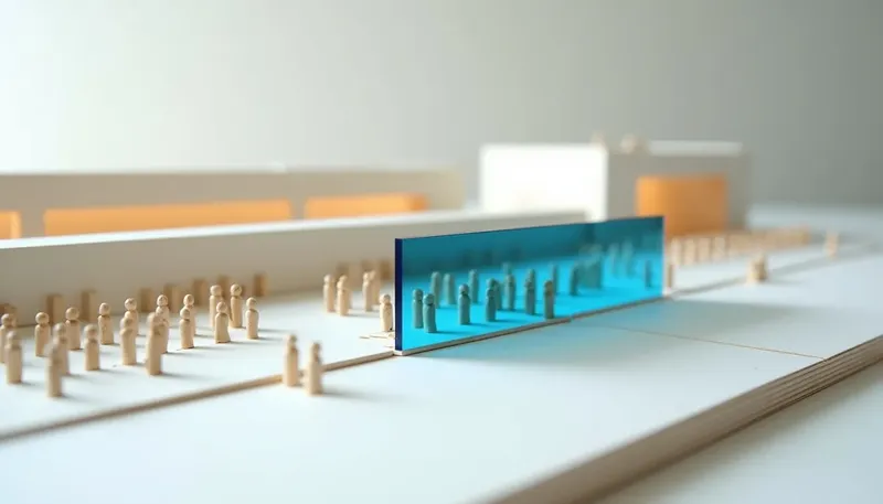 A miniature scheduling board has a hinged eligibility gate in glowing blue acrylic built into the peg slot itself, blocking a shift peg until cleared, showing compliance checked at scheduling time, not after.